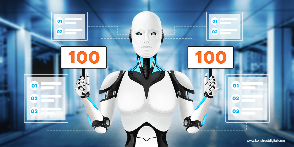 A robot AI holding two signs that have "100" on them.