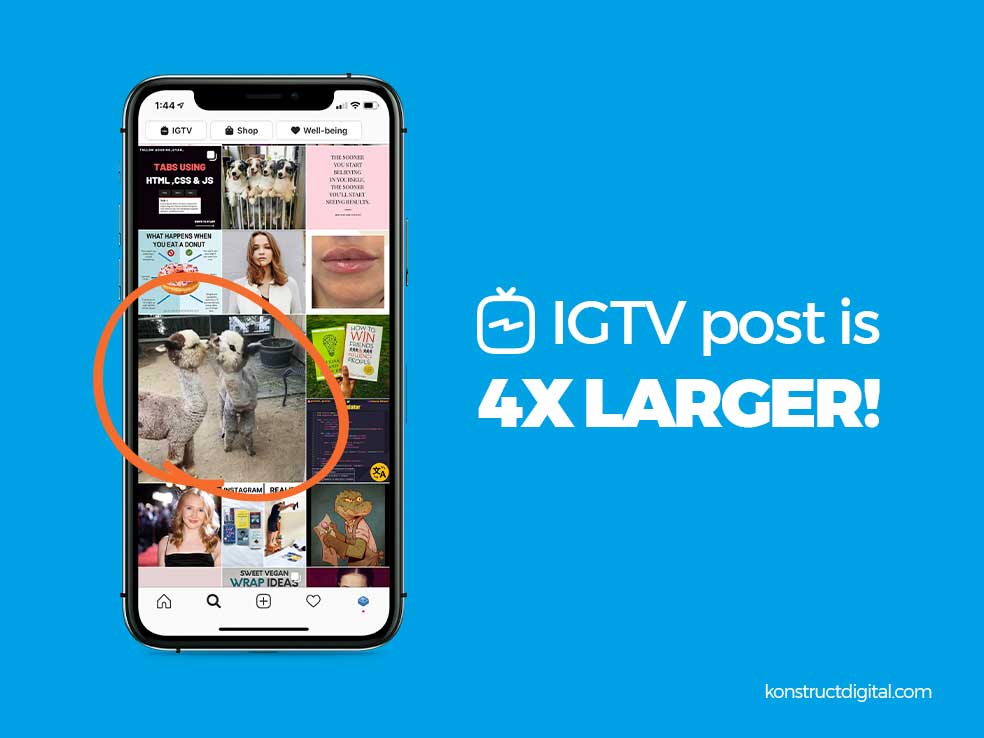 Instagram Explore page showing IGTV video displayed 4x larger than other posts