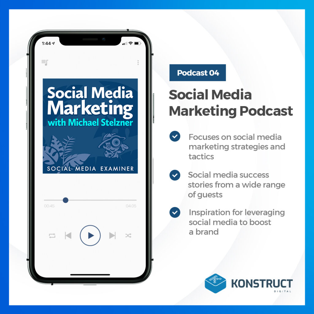 Podcast 4: Social Media Marketing Podcast 
- focuses on social media marketing strategies and tactics
- social media success stories from a wide range of guests
- inspiration for leveraging social media to boost a brand