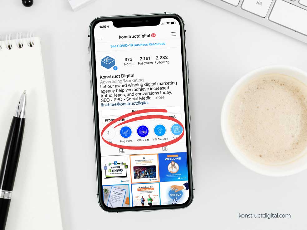 Konstruct Digital’s Instagram feed with the story highlights circled