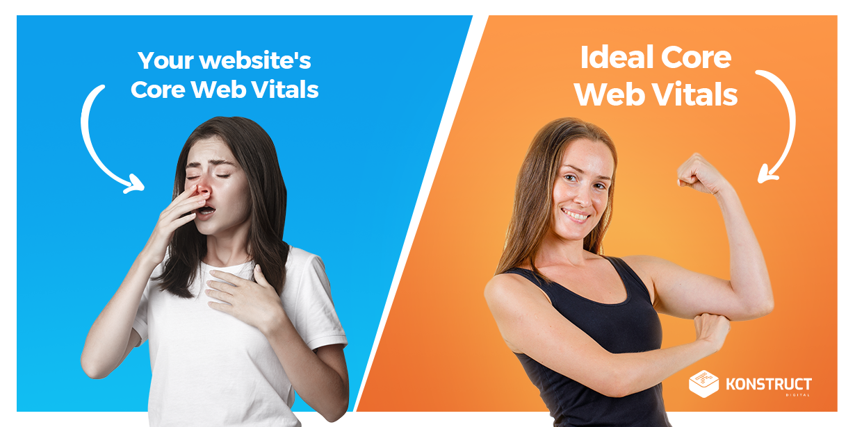 Arrow pointing to girl who is sick that says "your website's core web vitals" and an arrow pointing to a girl who is healthy that says "ideal core web vitals"