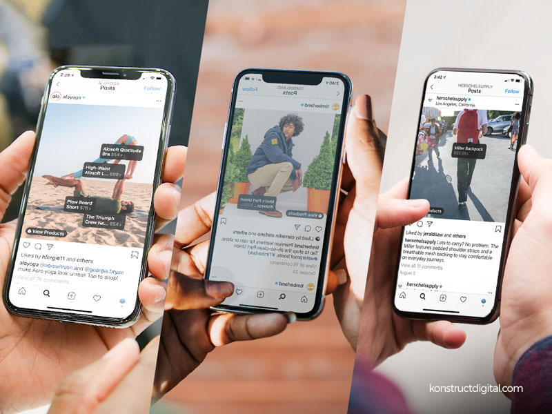 Three iPhones with various shoppable Instagram posts on the screens
