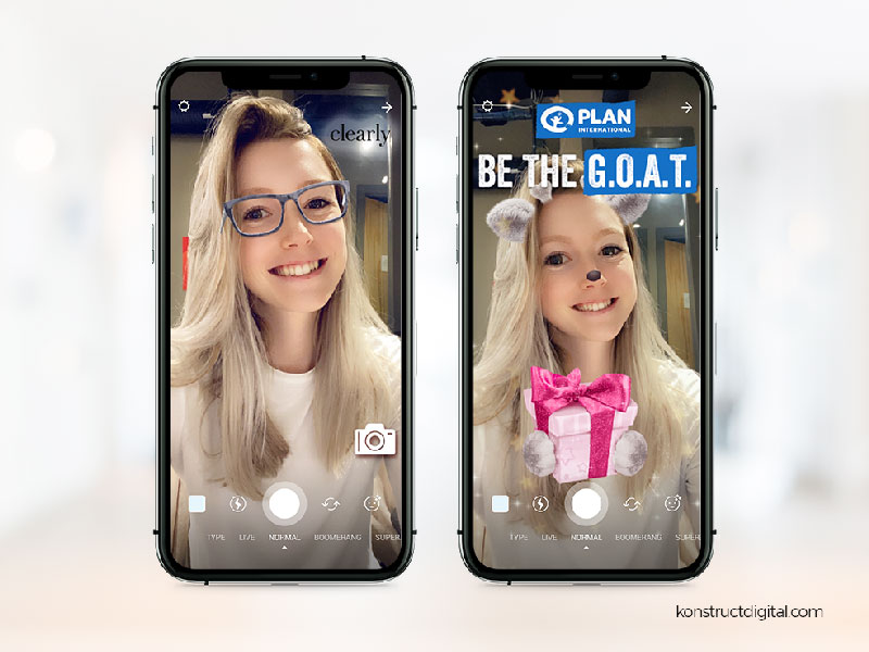 Examples of two different sponsored artificial reality SnapChat lenses