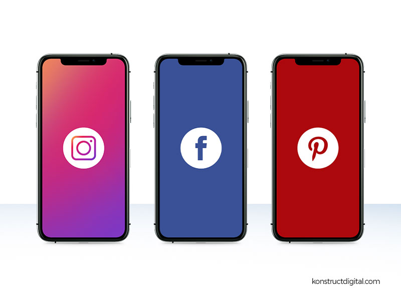 Three iPhones with the Instagram, Facebook, and Pinterest logos on each phone screen