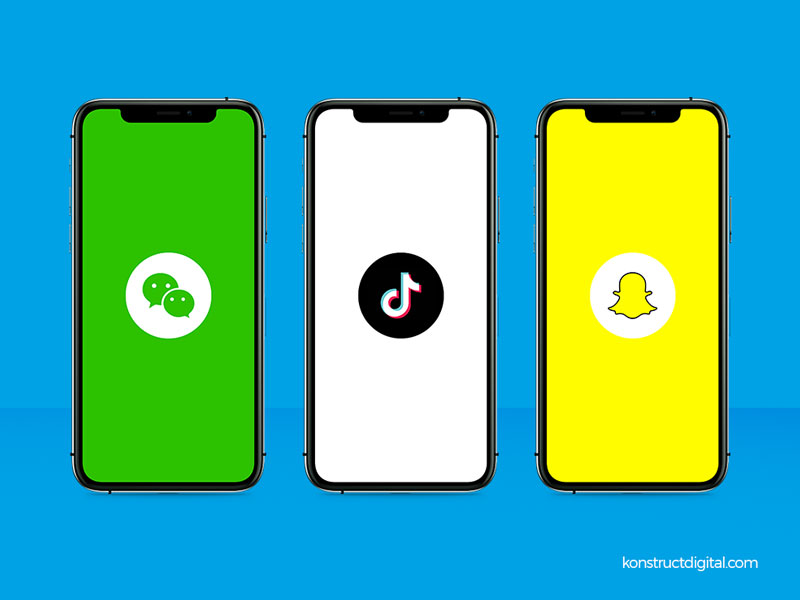 Three iPhones with the WeChat, TikTok, and SnapChat logos on each phone screen