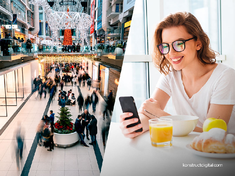 Busy shopping mall compared to woman looking at her phone at home 