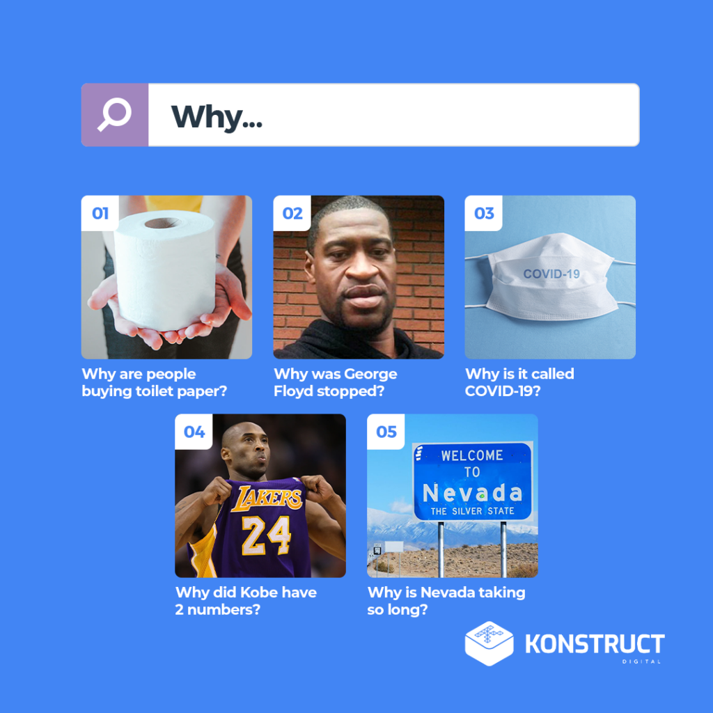 Why are people buying toilet paper?
Why was George Floyd stopped?
Why is it called COVID-19?
Why did Kobe have 2 numbers?
Why is Nevada taking so long?