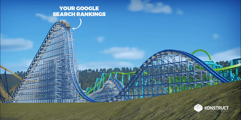 A rollercoaster with an arrow that says "Your search rankings"