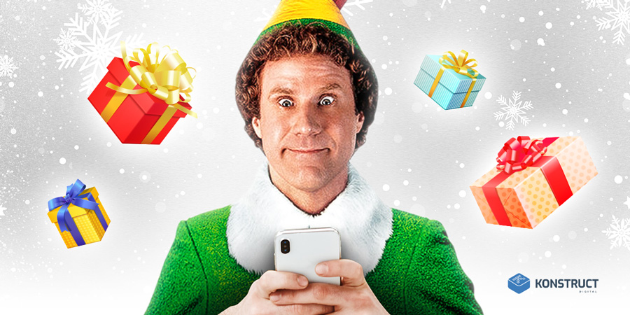 The Elf looking at a smartphone with gifts floating around
