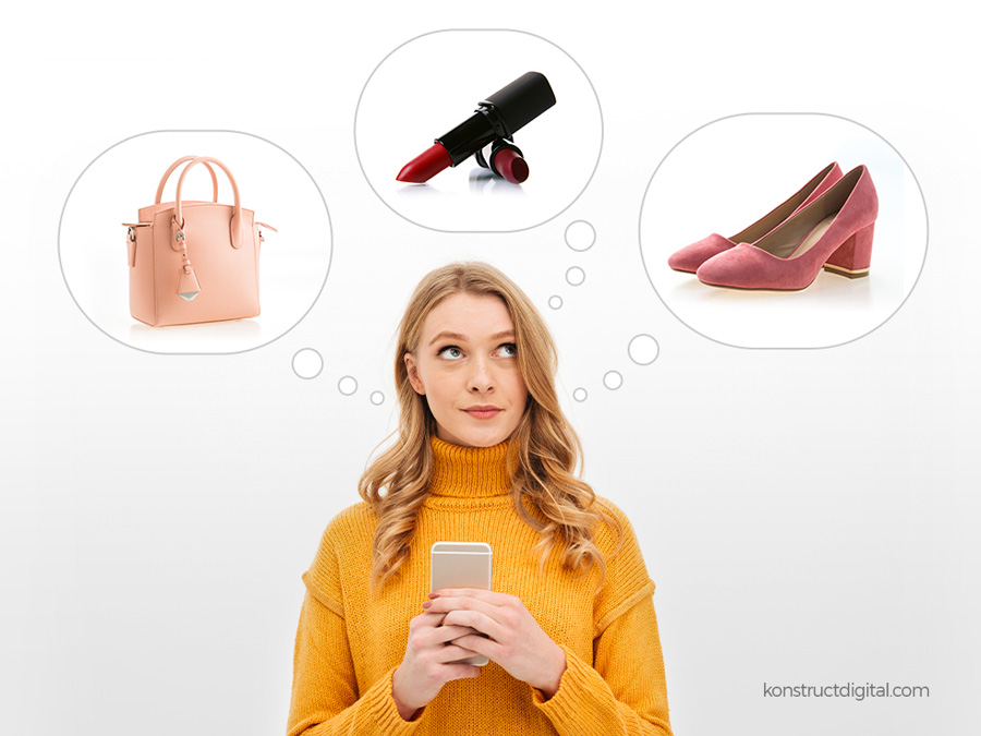 A woman holding her phone thinking about different products (purse, lipstick, shoes) 