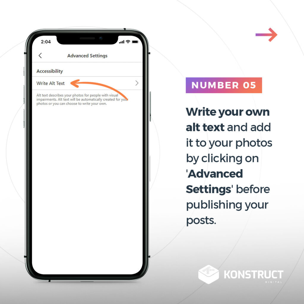 Number 5: Write your own alt text and add it to your photos by clicking on 'Advanced Setting' before publishing your posts