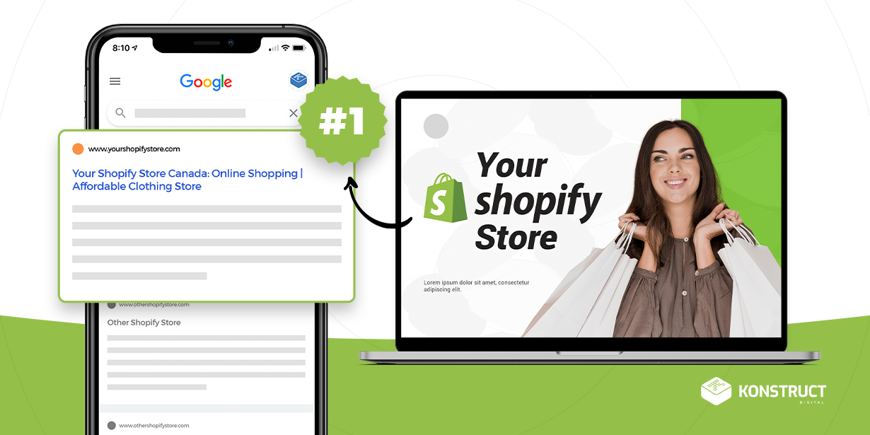 A laptop that says “Your Shopify Store” with an arrow pointing to the #1 search result on Google