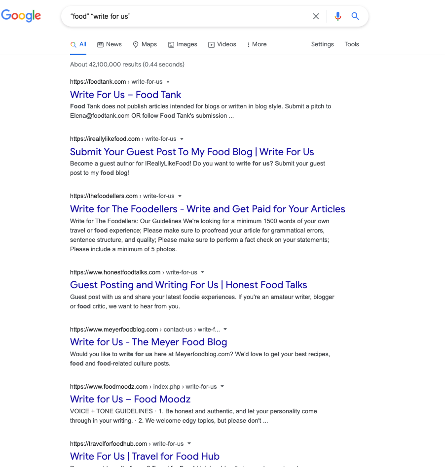 Google search results for "food" "write for us"