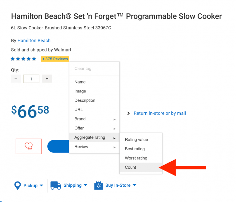arrow pointing to aggregate rating> count tagging option on the product page