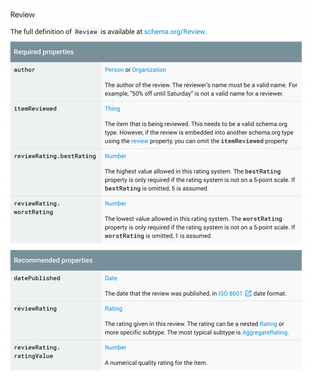 review schema markup types: author, itemReviewed, reviewRating.bestRating, reviewRating.worstRating, datePublished, reviewRating, reviewRating.ratingValue