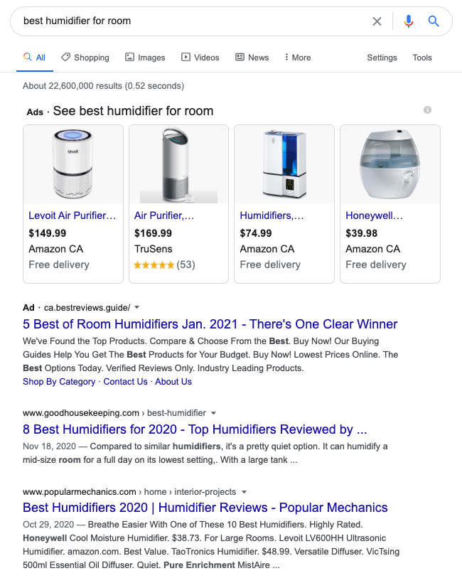 Google search results for "best humidifier for room"