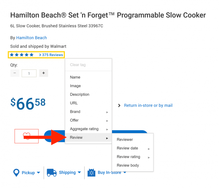 arrow pointing to "review" tagging option on the product page