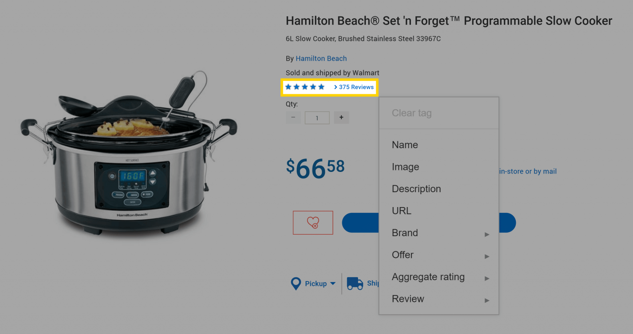 A product page with the review selected to start tagging