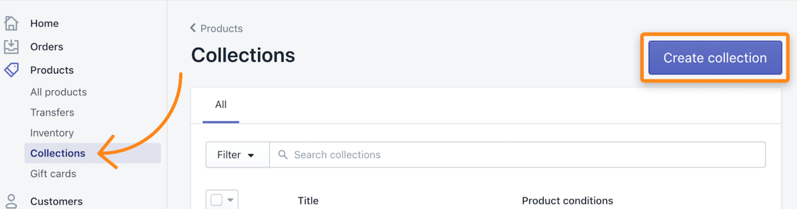 Shopify collections tab