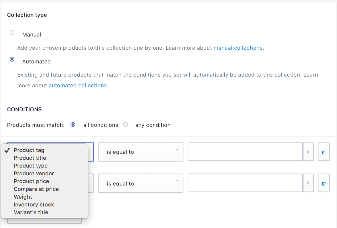 Shopify product conditions for automated collections