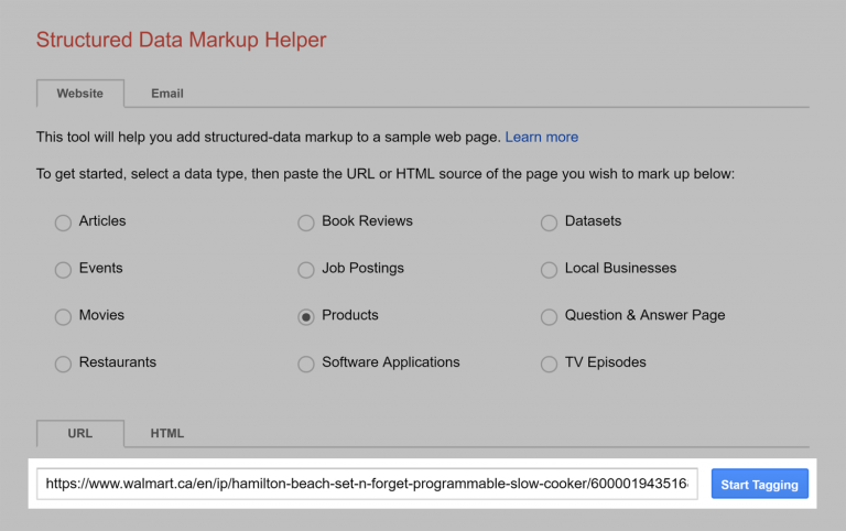 Structured Data Markup Helper with the product page URL pasted in the text box