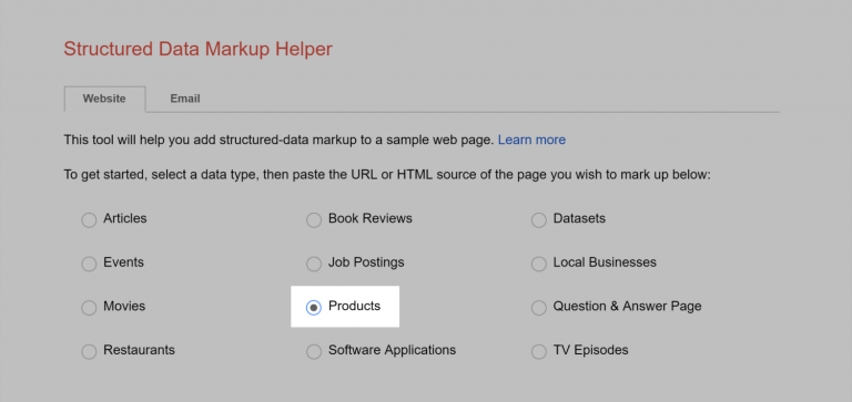 Structured Data Markup Helper with the "products" option highlighted