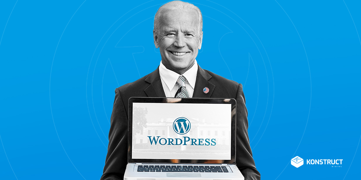 President Biden holding a laptop with the WordPress logo on the screen