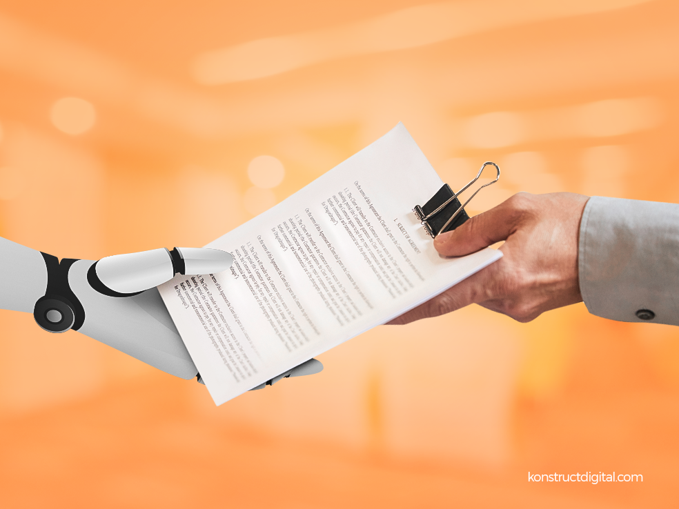 A robot handing a document to a human.