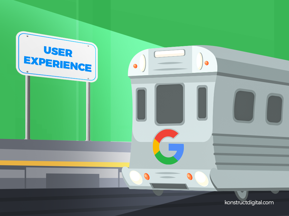 A train with the Google logo on it, on a track with a sign that says "User Experience"