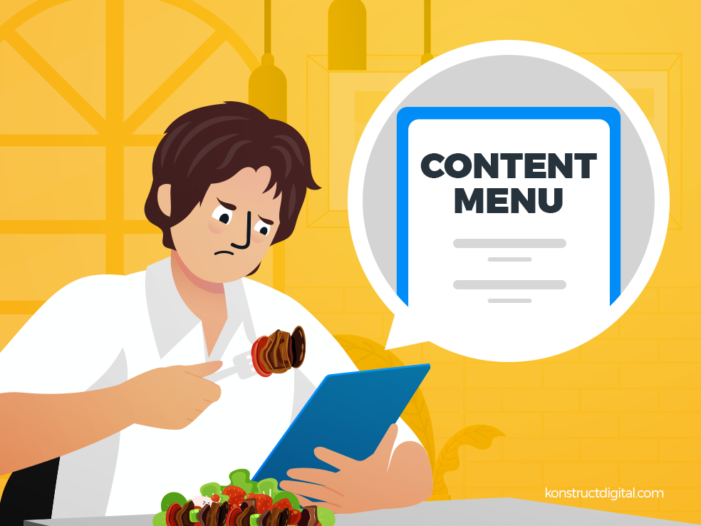 A man sitting at a restaurant table with a menu that says "CONTENT MENU"