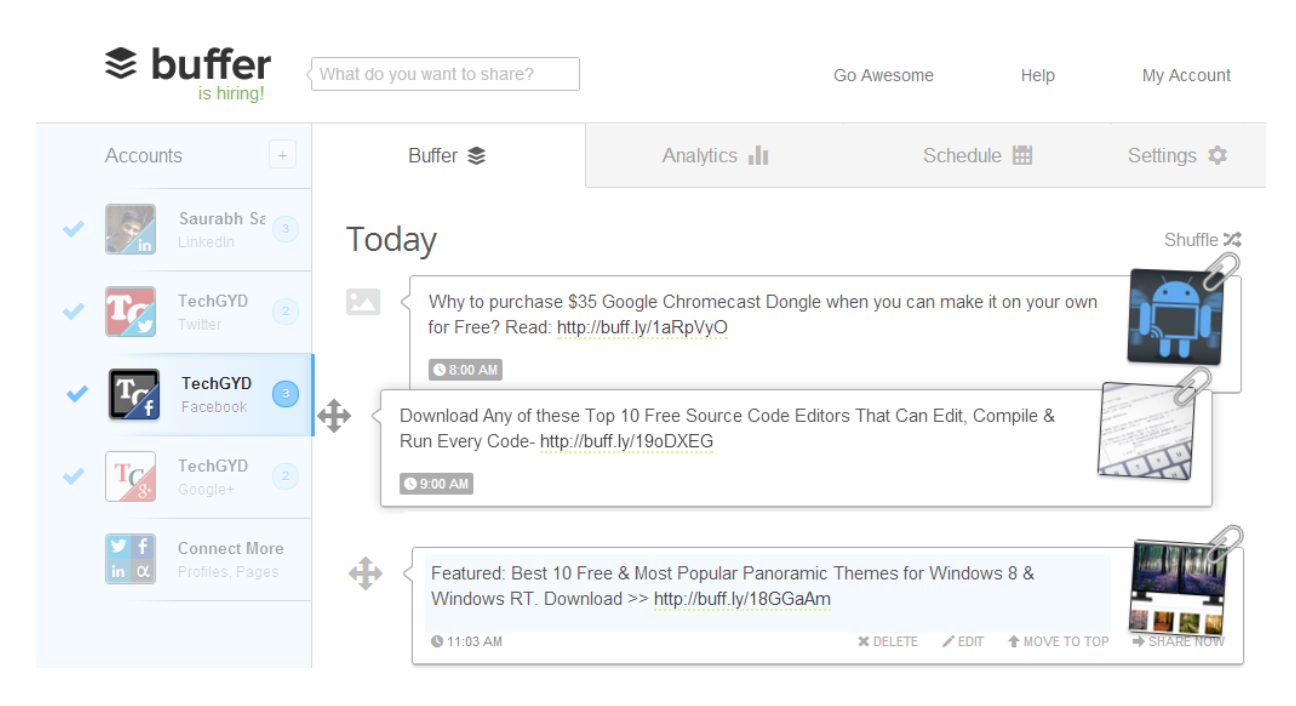 A screengrab of Buffer’s media dashboard. The board has a scrolling feed with an analytical menu bar at the top