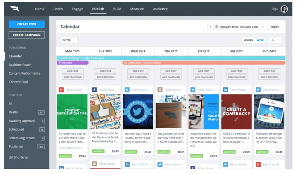Falcon.io’s dashboard has individual sections for different social media platforms. A scheduling tool is at the top