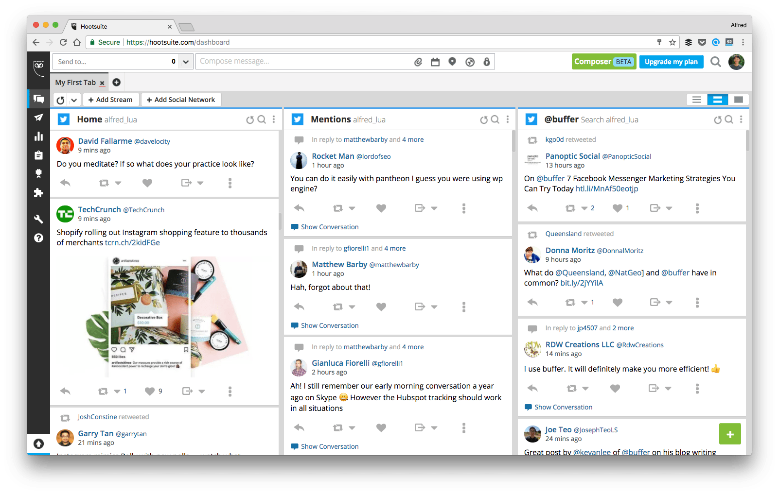 Hootsuite shows 3 feeds labelled: Home, Mentions and Buffer. Each column has different content shown with highlighted keywords.