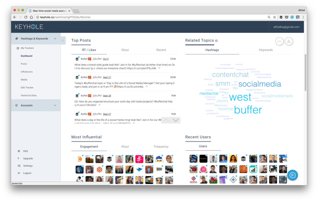 Keyhole has 4 sections displayed. It shows the related topics, top post and user metrics like the most influential