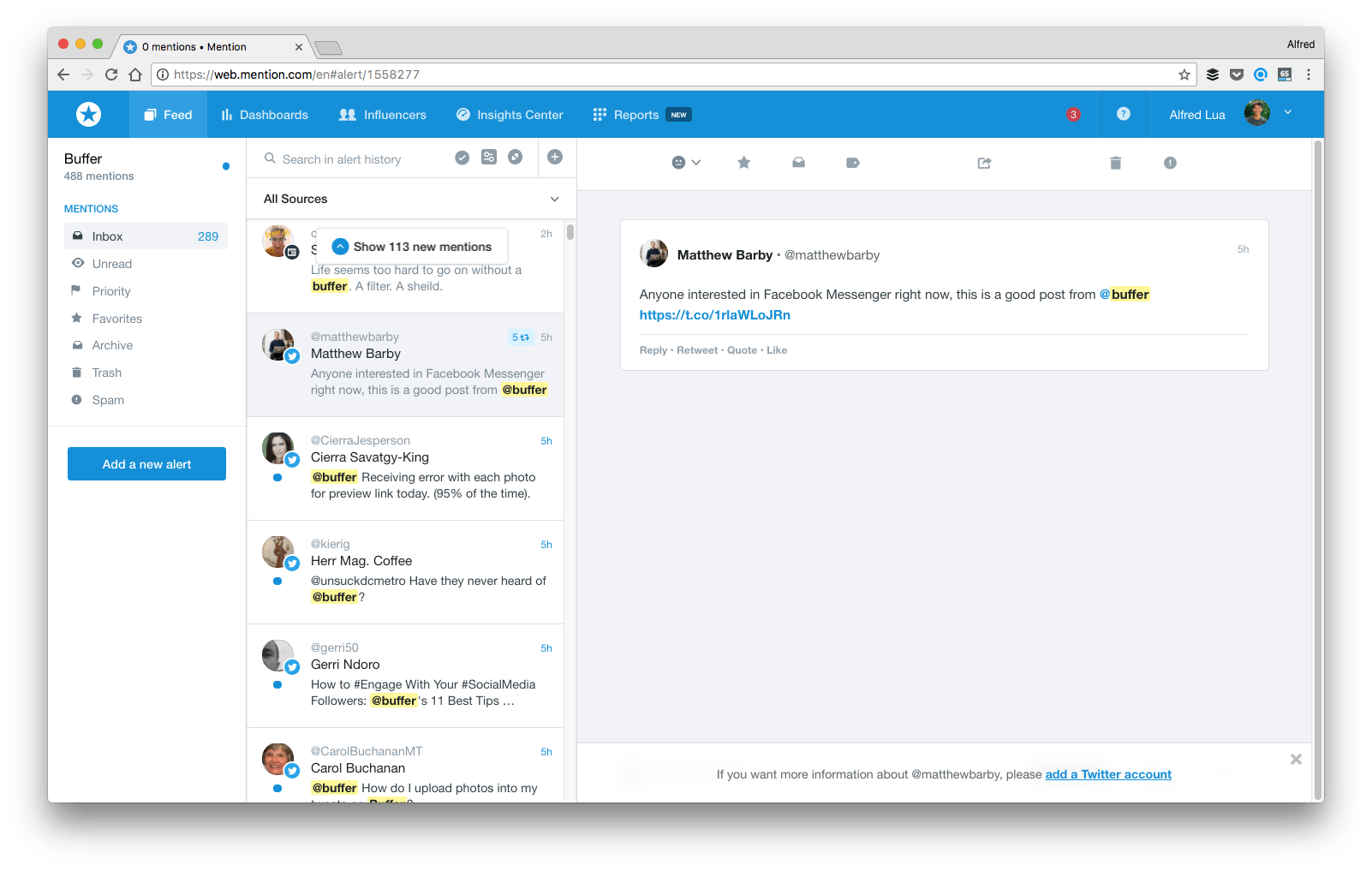 Mention has a blue menu bar at the top and another bar on the left side. In a column, it shows a live feed of live Mentions