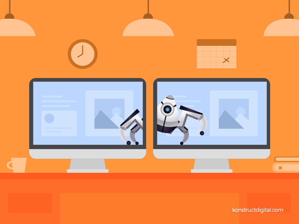 A robotic crawler crawling from one desktop screen to the next with an orange background
