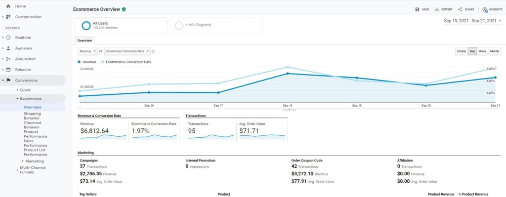 Google Analytics eCommerce overview tracking of conversions.