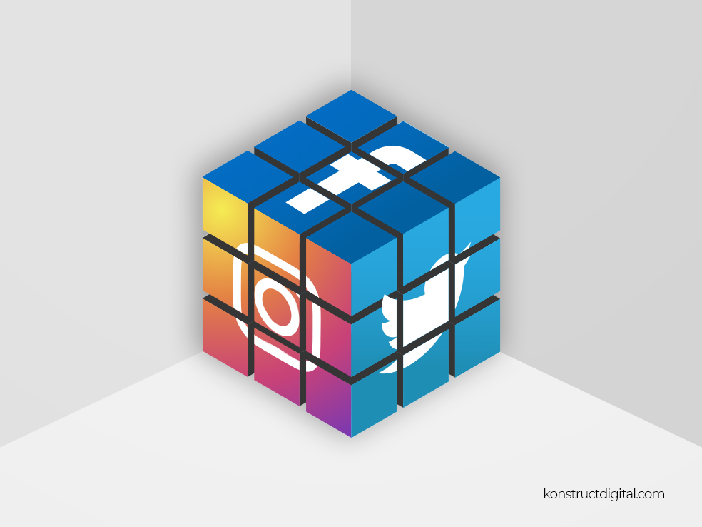 A Rubik's cube with Instagram, Twitter & Facebook on the three sides