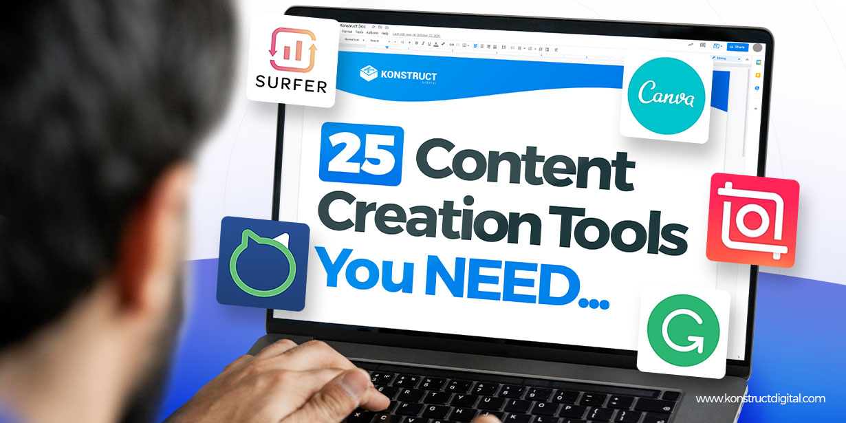 A laptop with the title “25 Content Creation Tools” on the screen