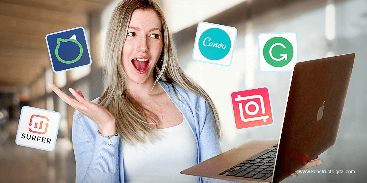 A girl holding a laptop with the Surfer, Loomly, Canva, Instagram, and Grammarly logos surrounding her.