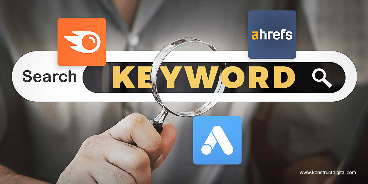 The word "keyword" in a search bar with a magnifying glass over the word. The Google Analytics, SEMRUSH, and Ahrefs Keyword Explorer logos surround the search bar.
