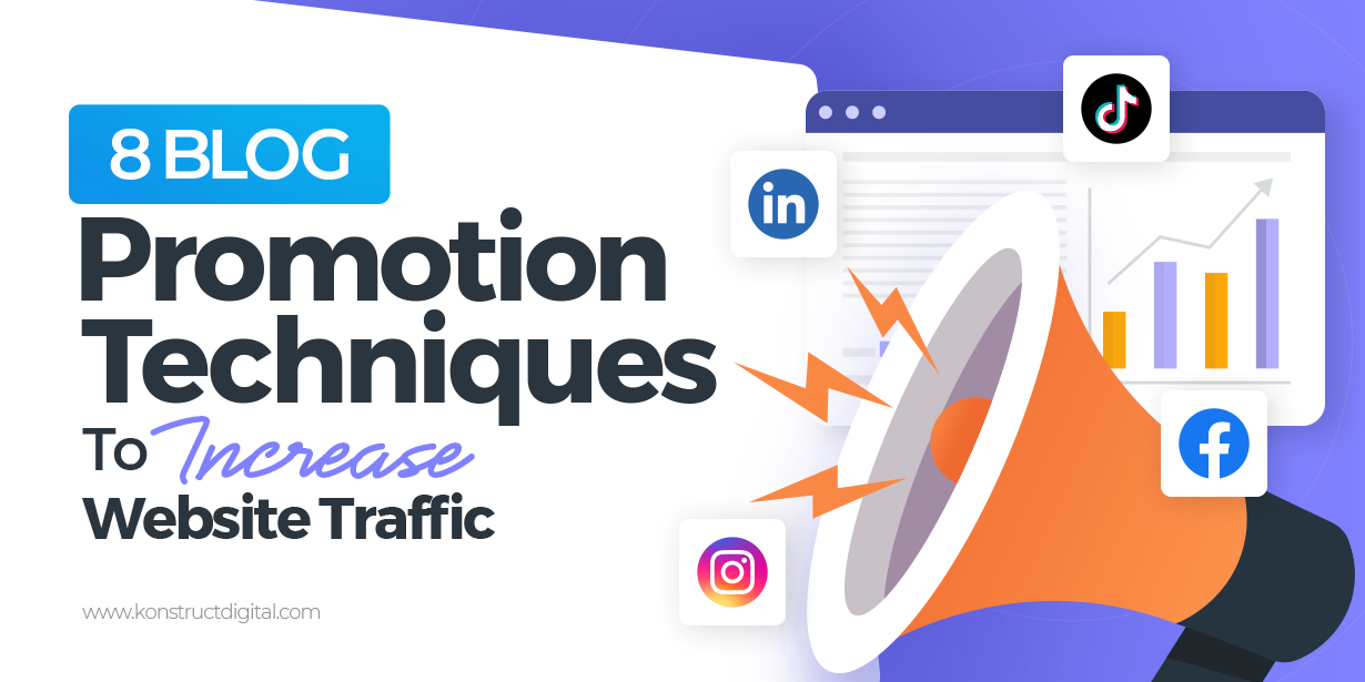 8 blog promotion techniques to increase website traffic” with social media logos surrounding a megaphone.
