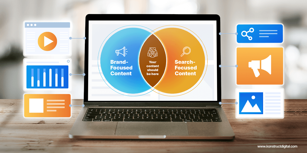 Computer with a Venn diagram on the screen. The left side of the diagram reads "Brand-focused content" and the right side reads "Search-focused content" with "Your content should be here" in the middle.