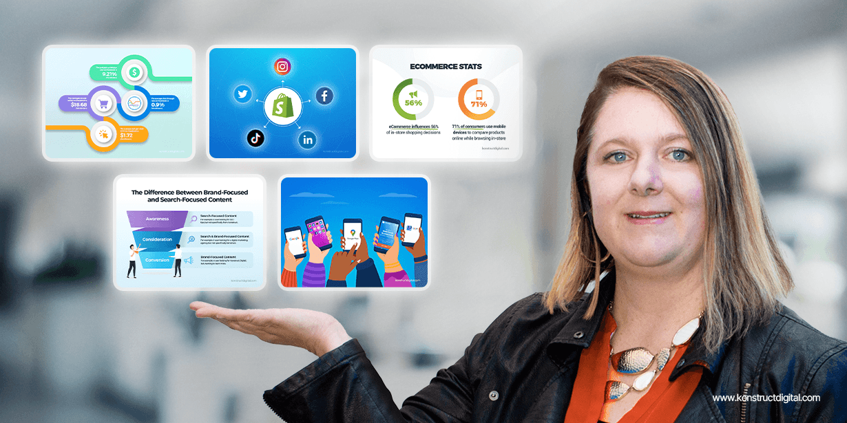A Woman smiling with her arm up as if she's holding 5 graphics. Graphic 1 is Shopify stats, Graphic 2 is a Shopify logo with social media platform logos, graphic 3 is 2 eCommerce stats, graphic 4 is a marketing funnel, graphic 5 is a bunch of people holding phones.