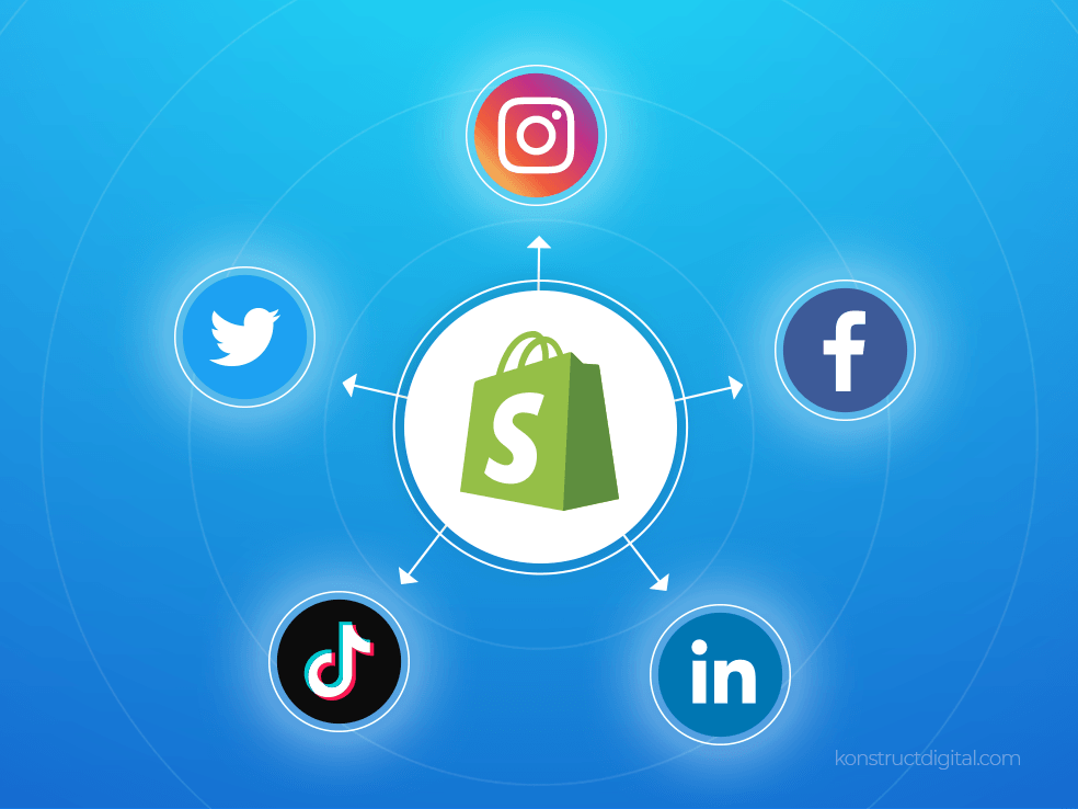 Shopify logo with arrows pointing to the Instagram, Twitter, TikTok, LinkedIn, and Facebook logos. 