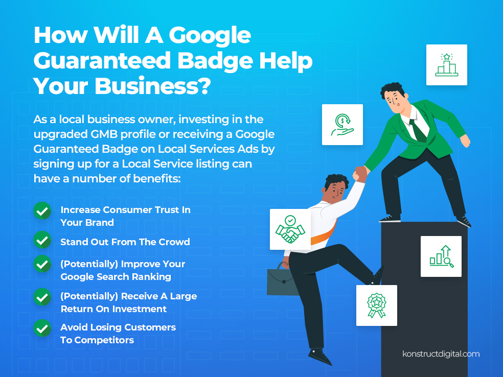 List of reasons how the Google guaranteed badge helps businesses with a man climbing a podium. 
