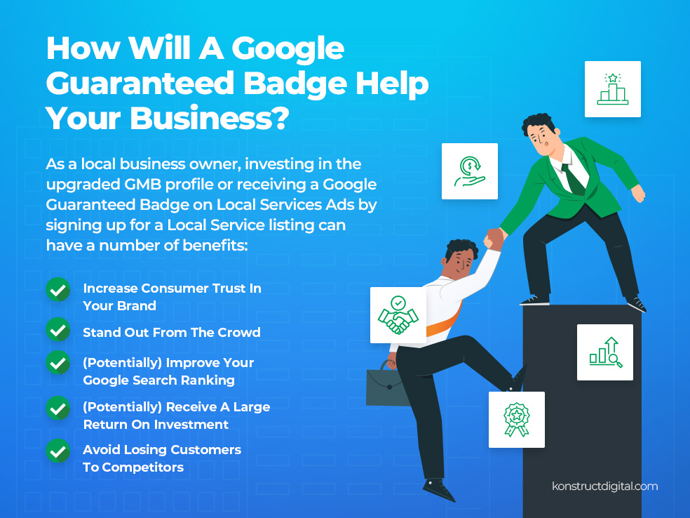 List of reasons how the Google guaranteed badge helps businesses with a man climbing a podium.