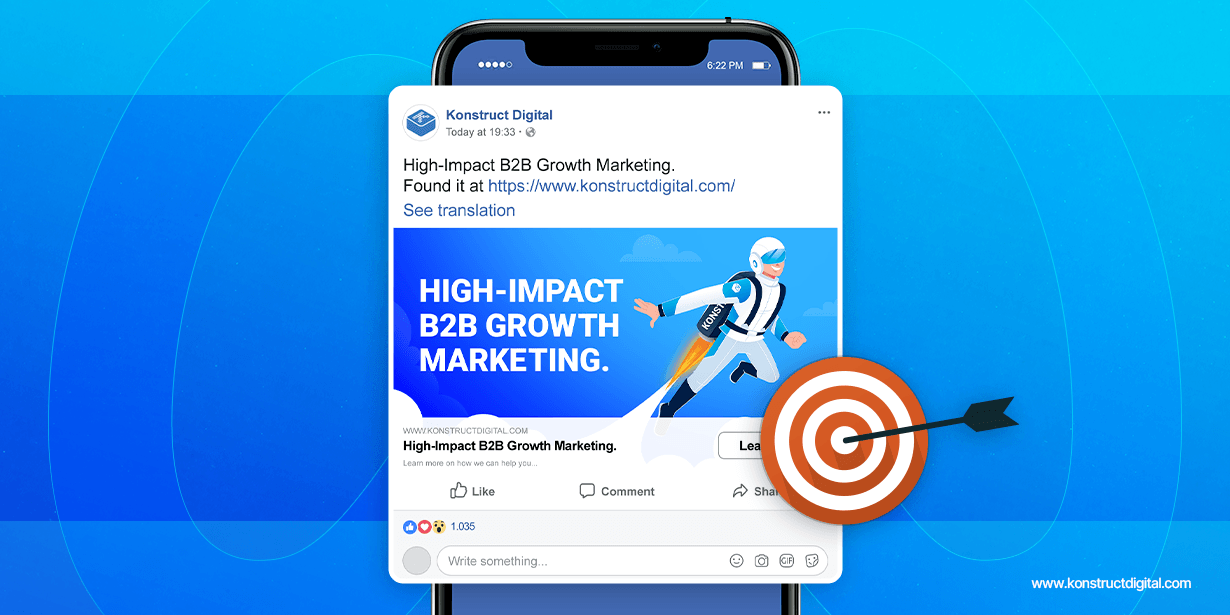 An iPhone with a Facebook ad from Konstruct Digital. Add title: "High Impact B2B Growth Marketing Found it at: konstructdigital.com" The ad graphic is a man wearing a jetpack. There is a target on the ad.