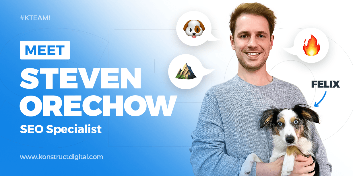 Picture of Steven Orechow, new SEO Specialist and his dog Felix. Dog emoji, mountain emoji, and flame emoji also featured.