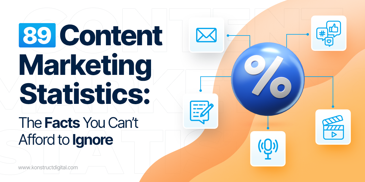 A percentage symbol with arrows pointing to different icons of content marketing channels.